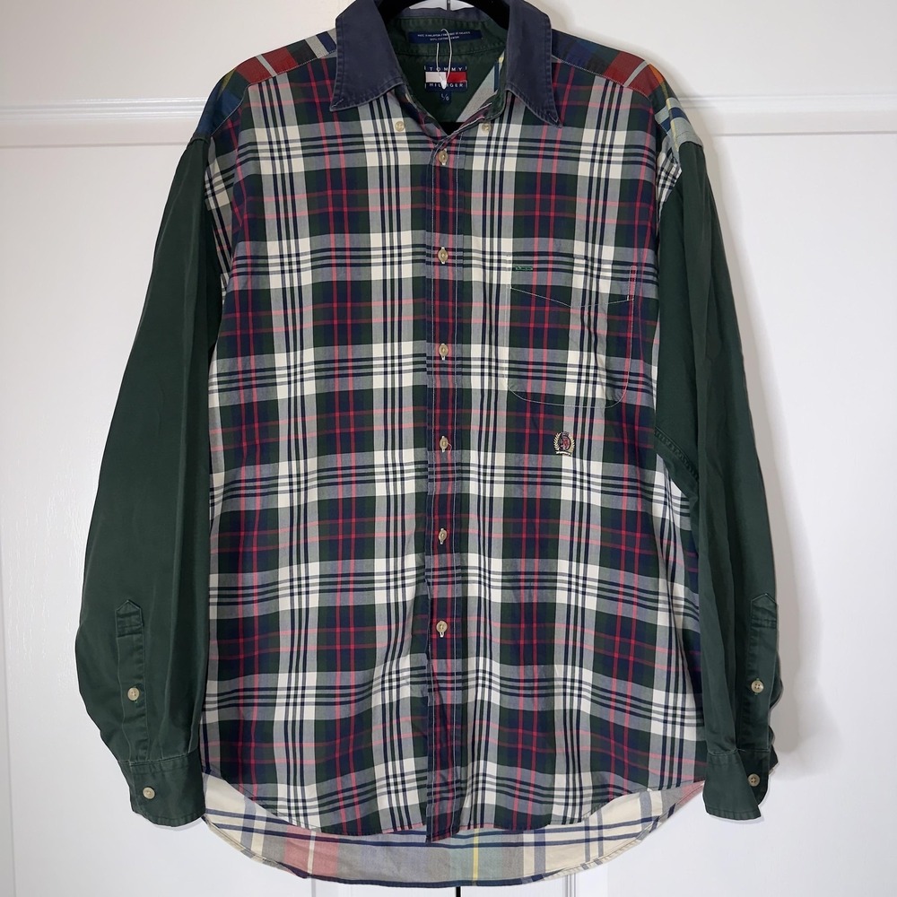 Tommy Hilfiger Shirt Mens Large Multicolor Plaid Long Sleeve Button Up Crest